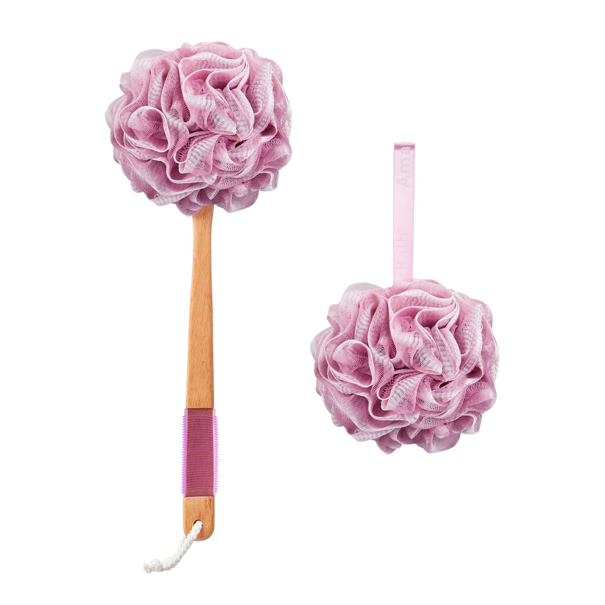 AmazerBath esponja ducha con malla suave de polietileno rosa para una limpieza delicada.