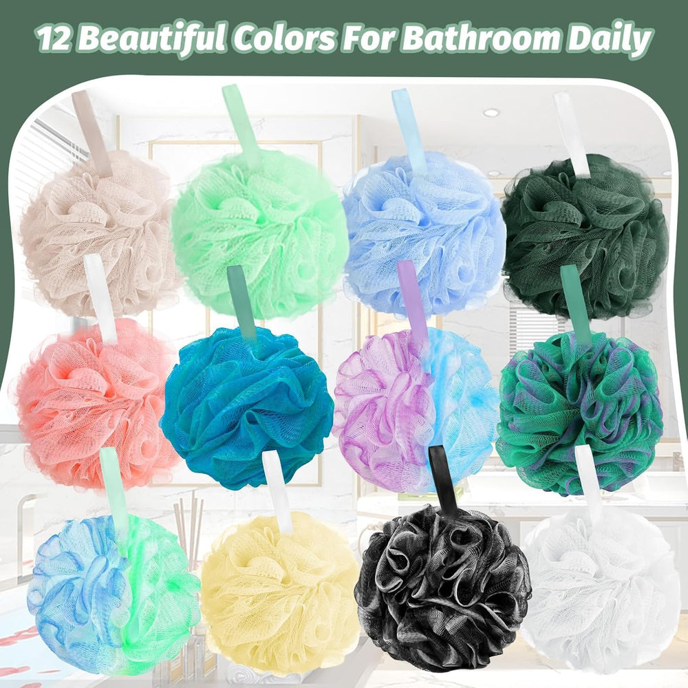 A Amazerbst loofah in a colorful stack adds vibrant bathroom decor.