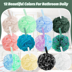 A Amazerbst loofah in a colorful stack adds vibrant bathroom decor.