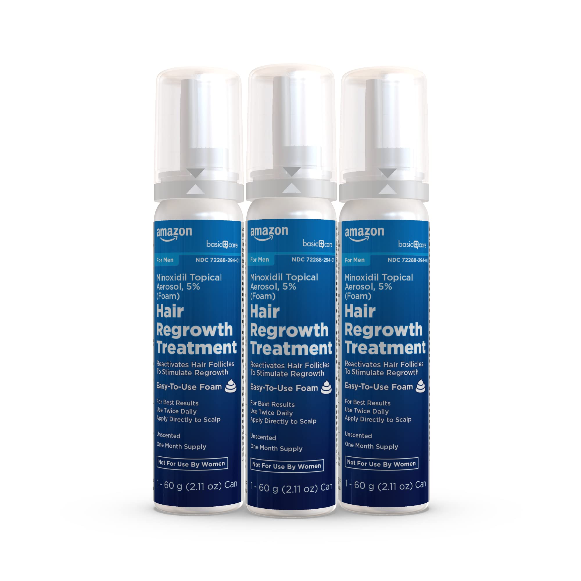 Amazon Basic Care Minoxidil 5% foam three-pack box signaling value and ongoing support.