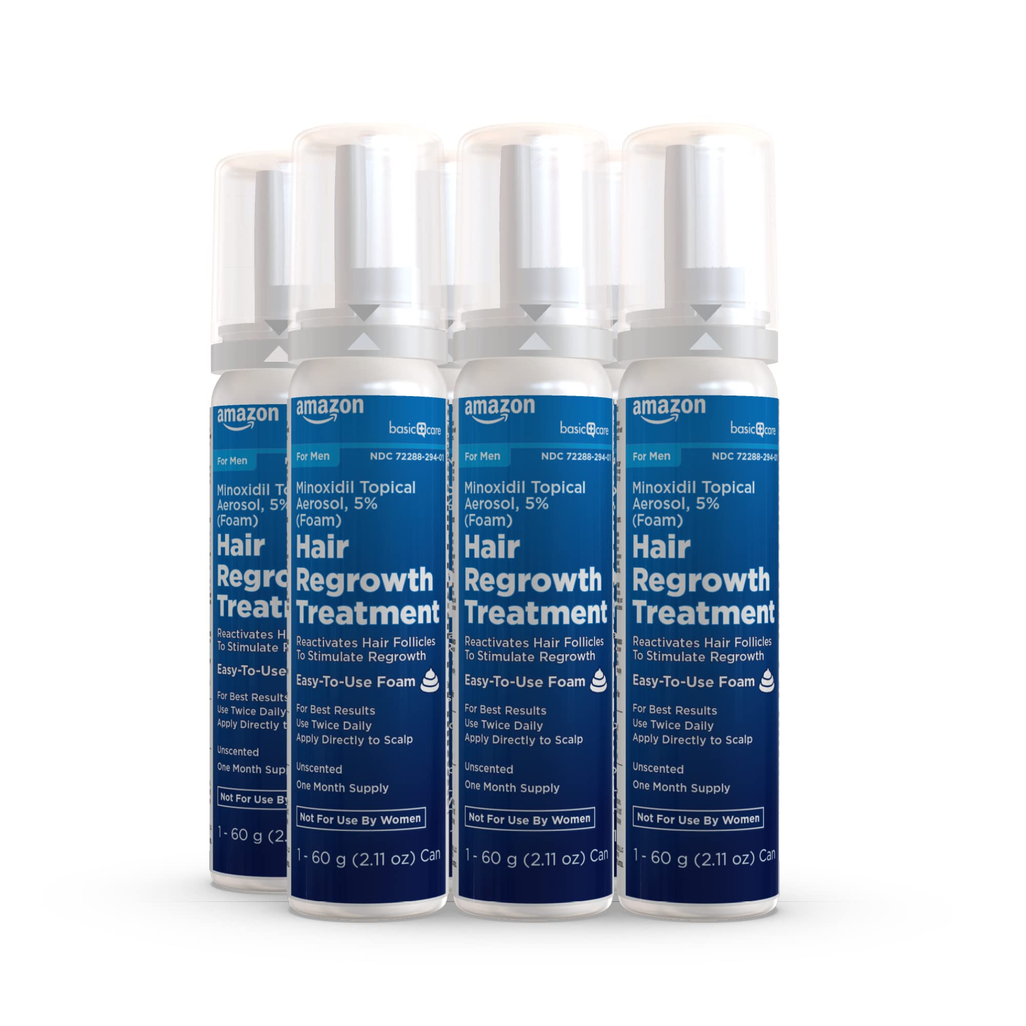 Amazon Basic Care Minoxidil 5% Foam bottle shows clear ingredient labeling.