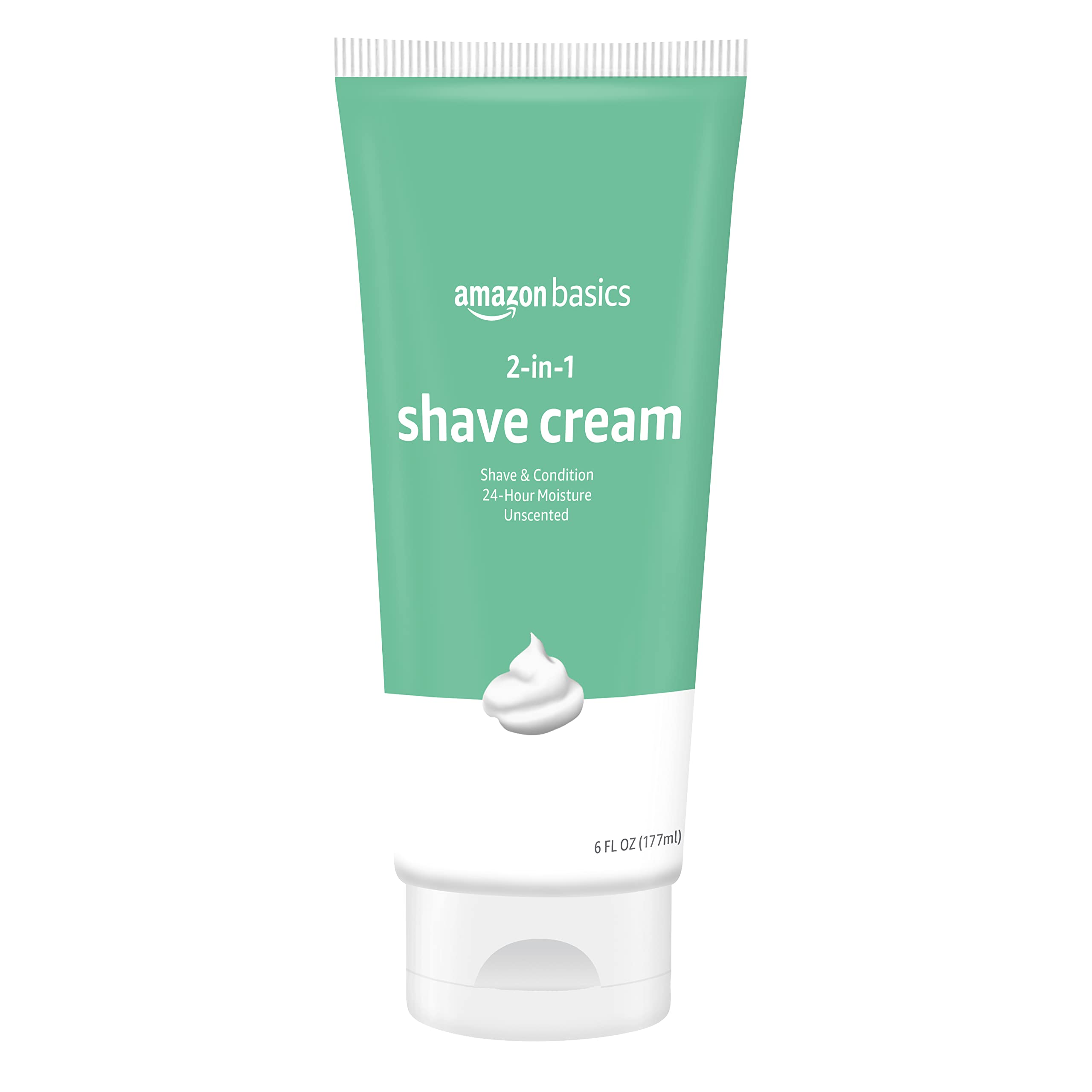 Amazon Basics 2-in-1 shave cream tube with shea butter for sensitive skin.