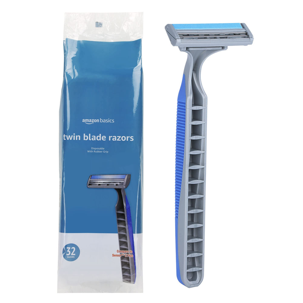 Amazon Basics 32-count disposable razors on display