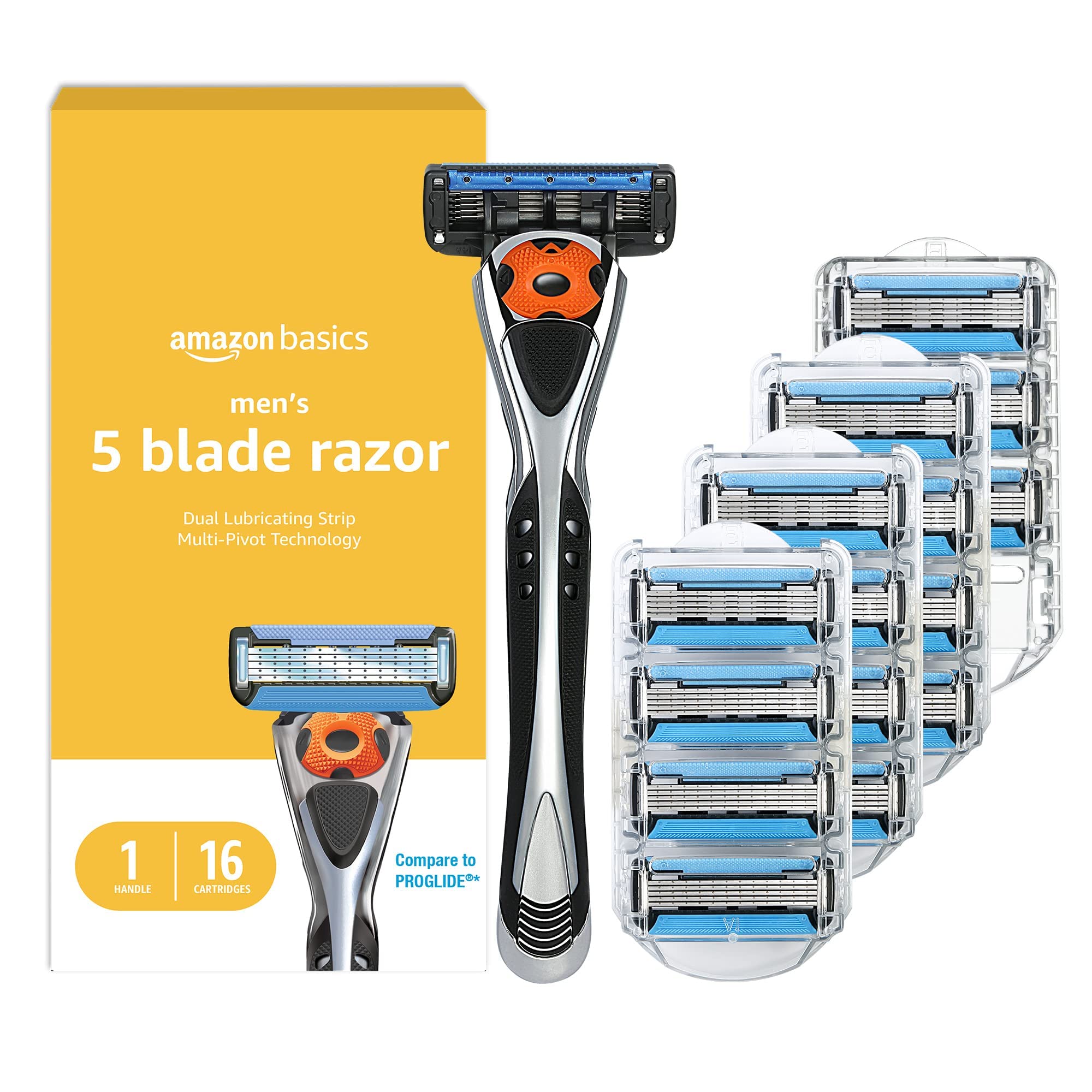 Amazon Basics 5-Blade MotionSphere razor handle for a smooth glide.