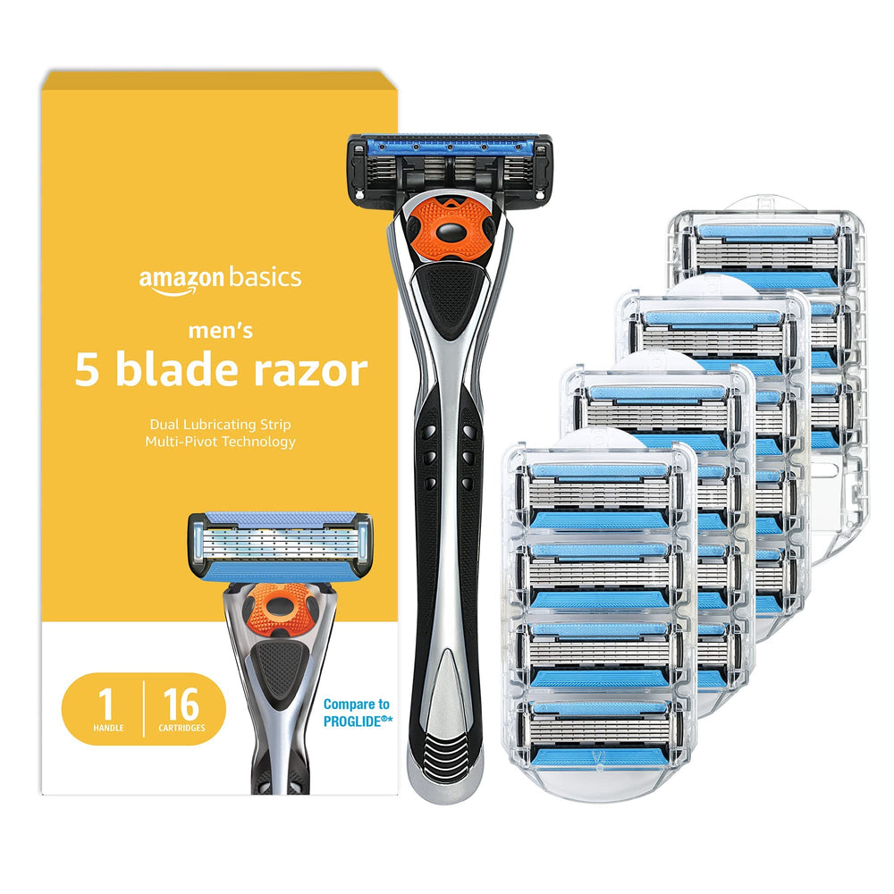 Amazon Basics 5-Blade MotionSphere razor handle for a smooth glide.