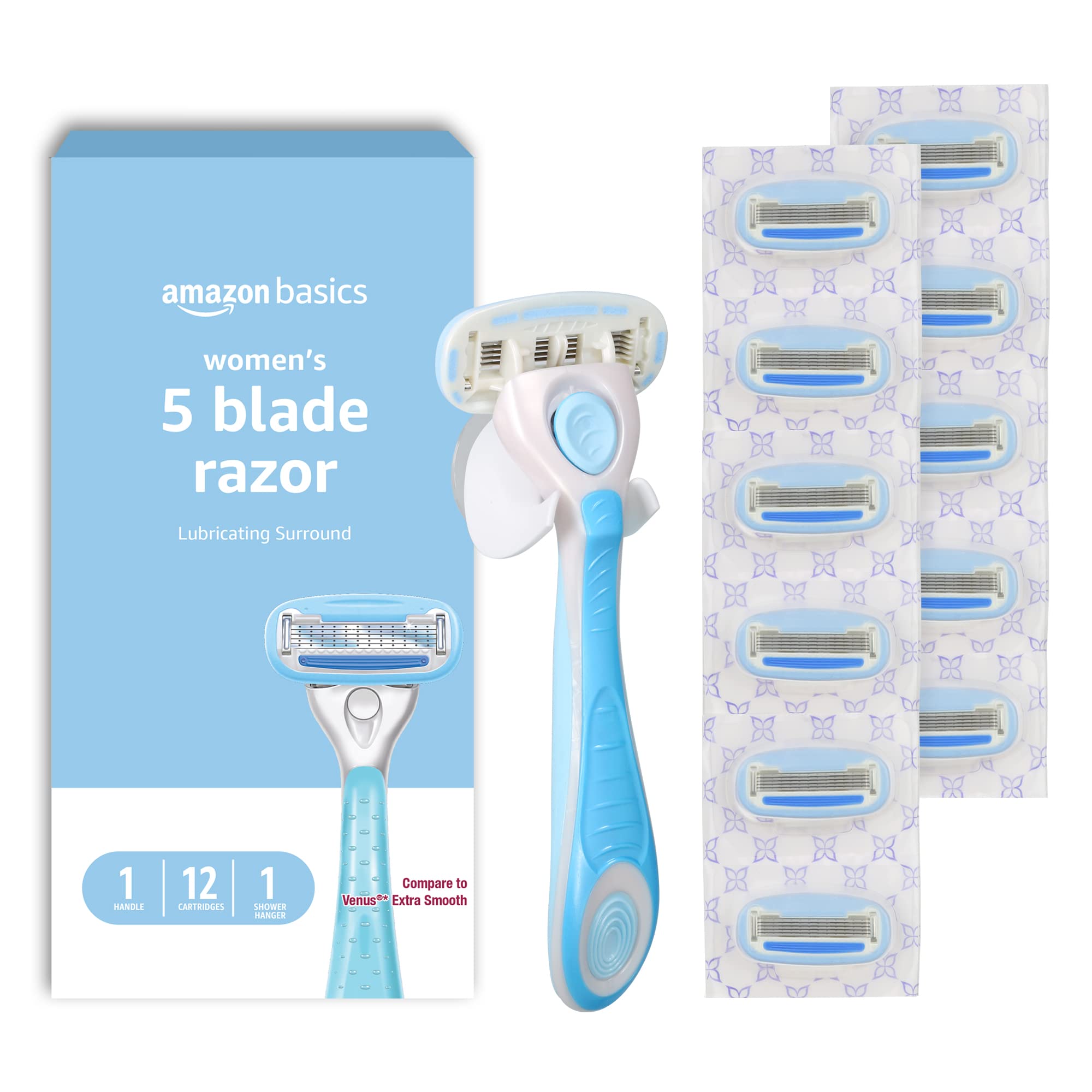 Amazon Basics 5-Blade razor handle in blue for a smooth shave.