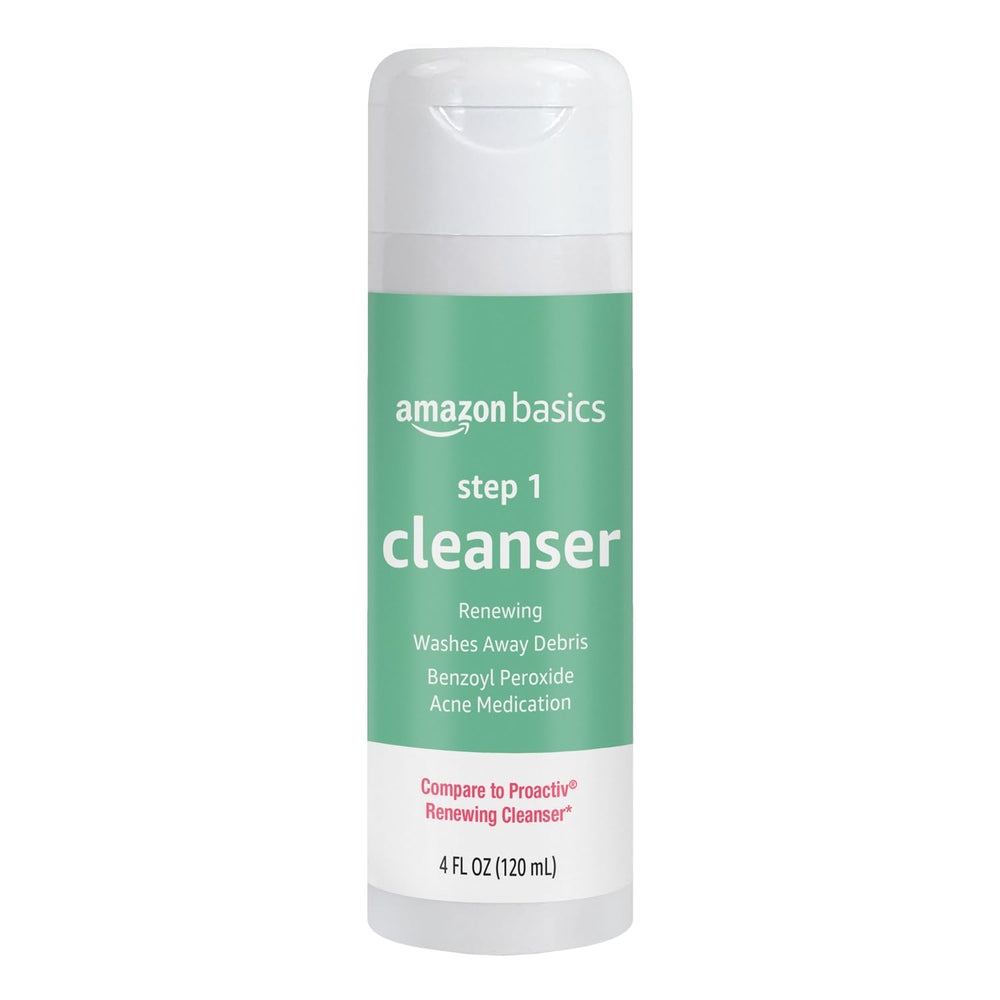 Amazon Basics limpiador para acné en botella de 4 onzas, uso diario recomendado.