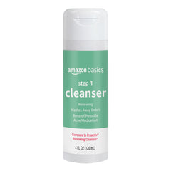 Amazon Basics limpiador para acné en botella de 4 onzas, uso diario recomendado.