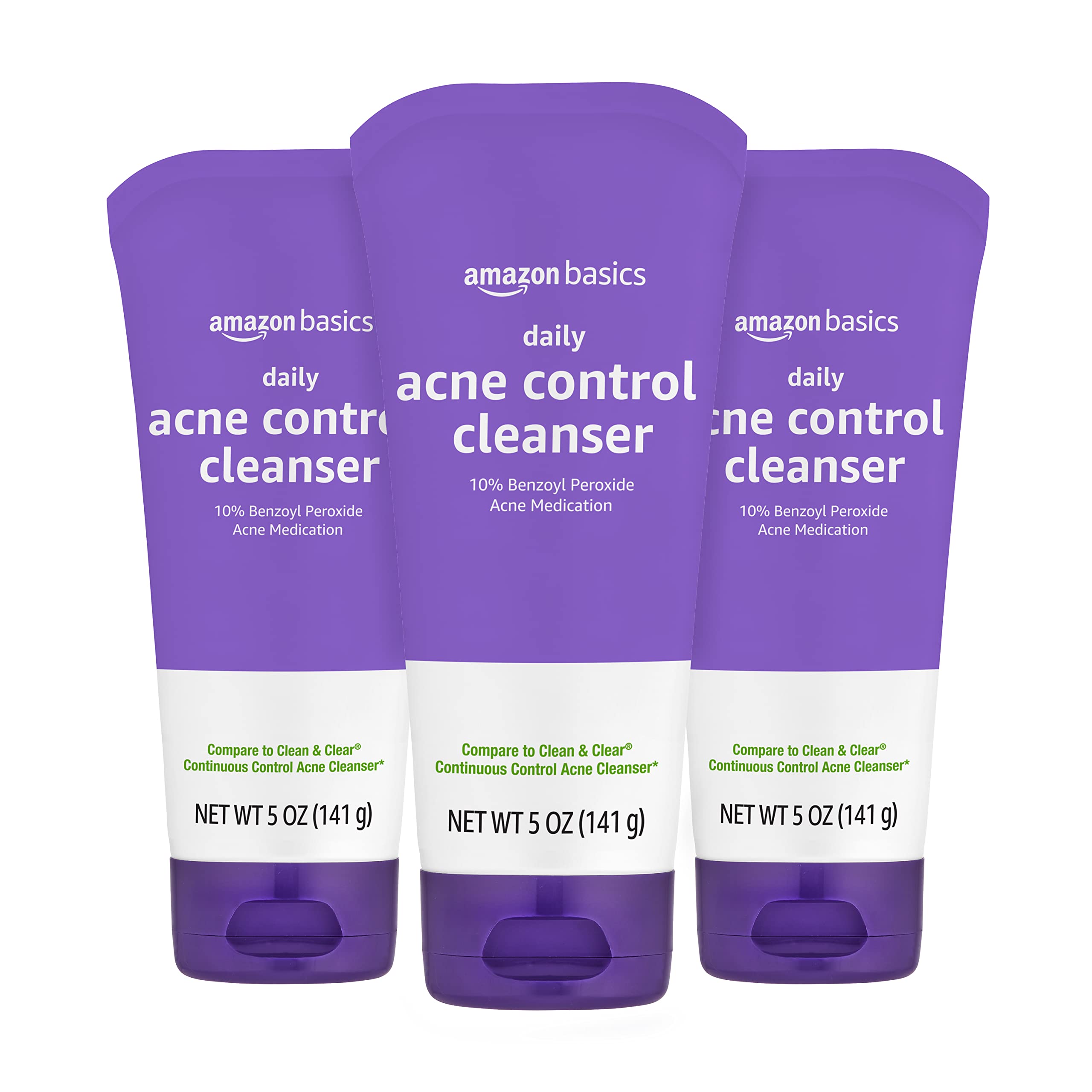 Amazon Basics Acne Wash bottle with 10% benzoyl peroxide for daily blemish control.