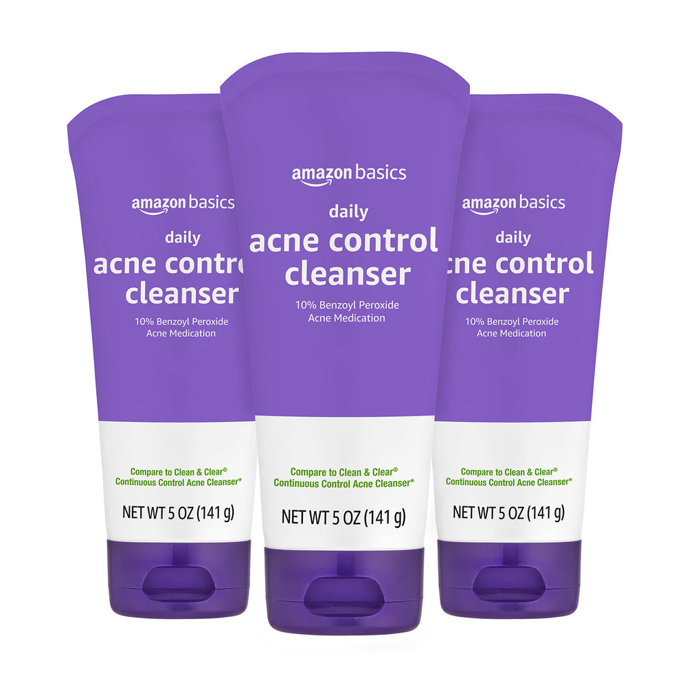 Amazon Basics Acne Wash bottle with 10% benzoyl peroxide for daily blemish control.