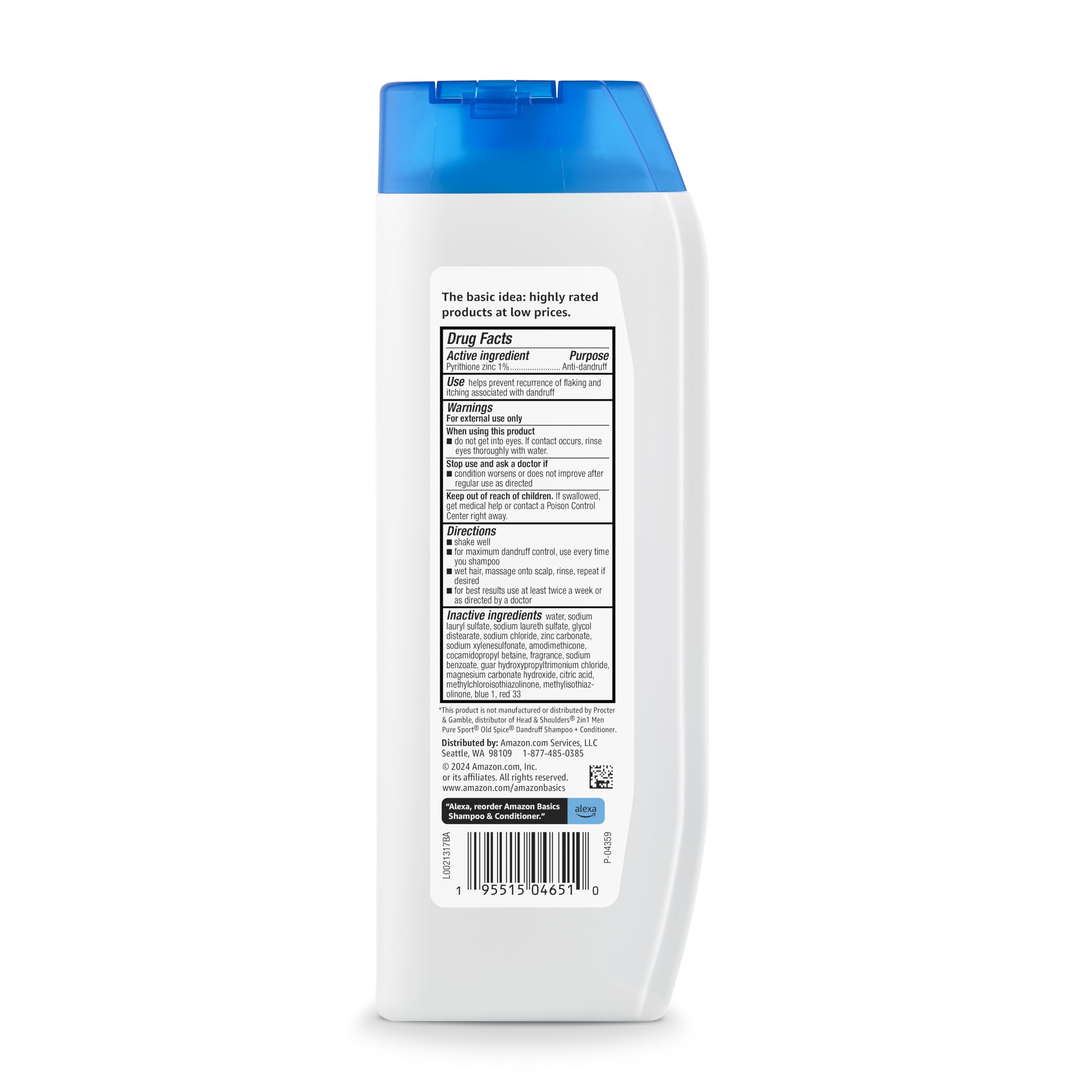Amazon Basics 2-in-1 label close-up highlighting Pyrithione Zinc 1%.