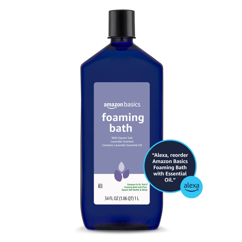 Bottle label of Amazon Basics foaming bath showing simple, trusted bath care.
