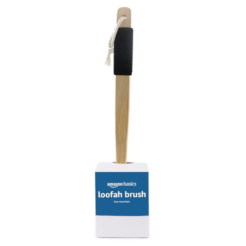 Amazon Basics body scrubber with wooden handle for reach-in areas like back and shoulders.