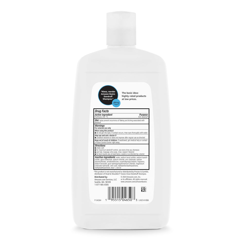 Amazon Basics Champú Anticaspa, etiqueta en primer plano, fórmula suave para uso diario.