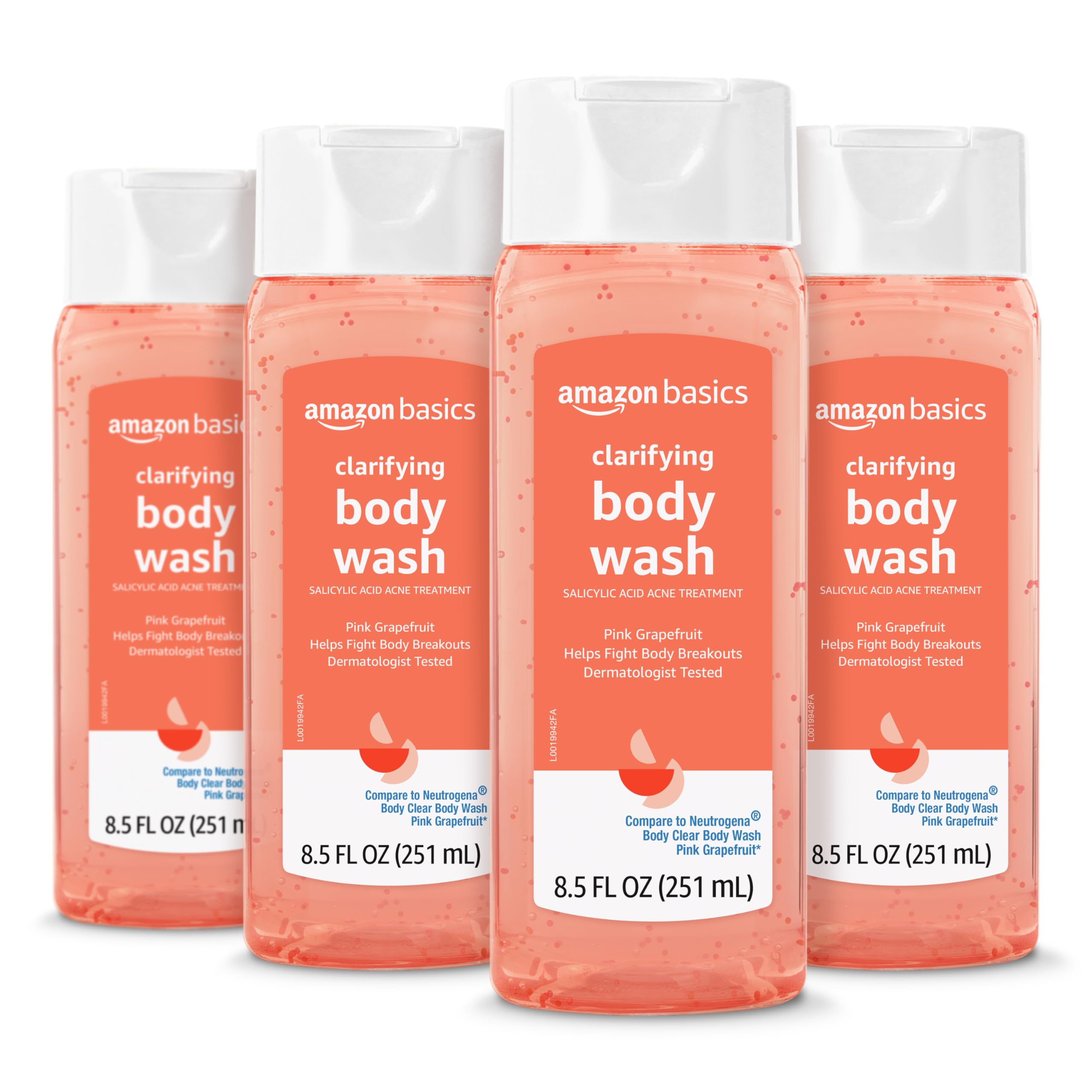 Amazon Basics clarifying pink grapefruit body wash foaming bottle for daily use.