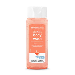 Amazon Basics pink grapefruit body wash closeup showing acne-fighting formula and grapefruit extract.