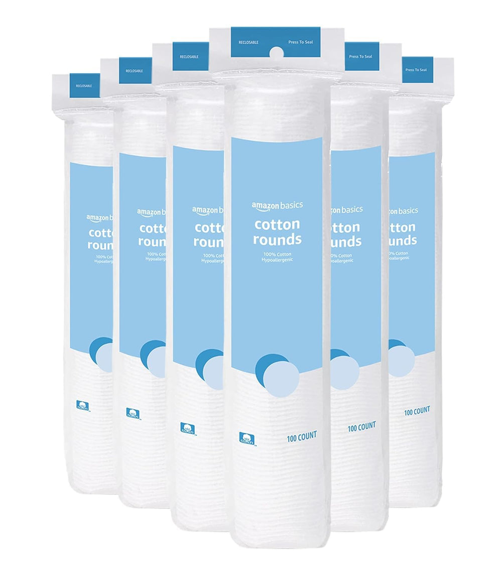 Amazon Basics cotton rounds pack view for easy makeup removal