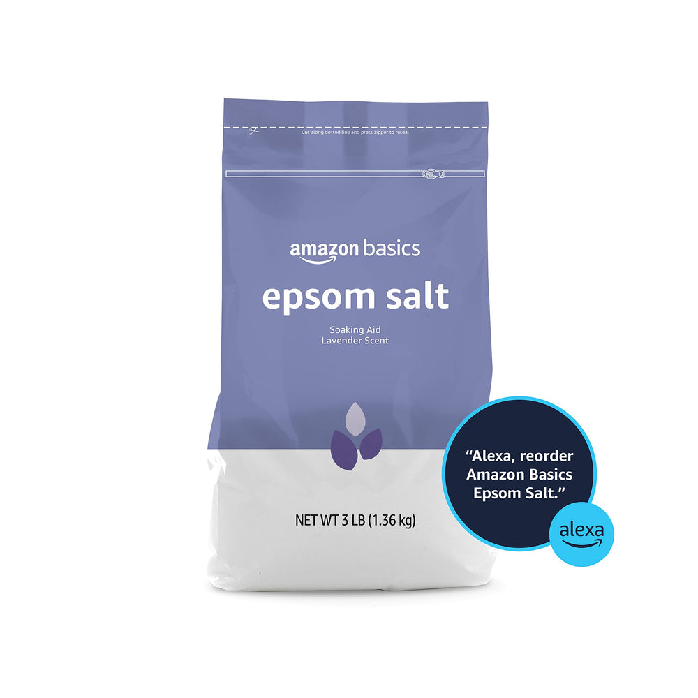 Amazon Basics Epsom Salt Lavender packaging variation signals consistent quality.