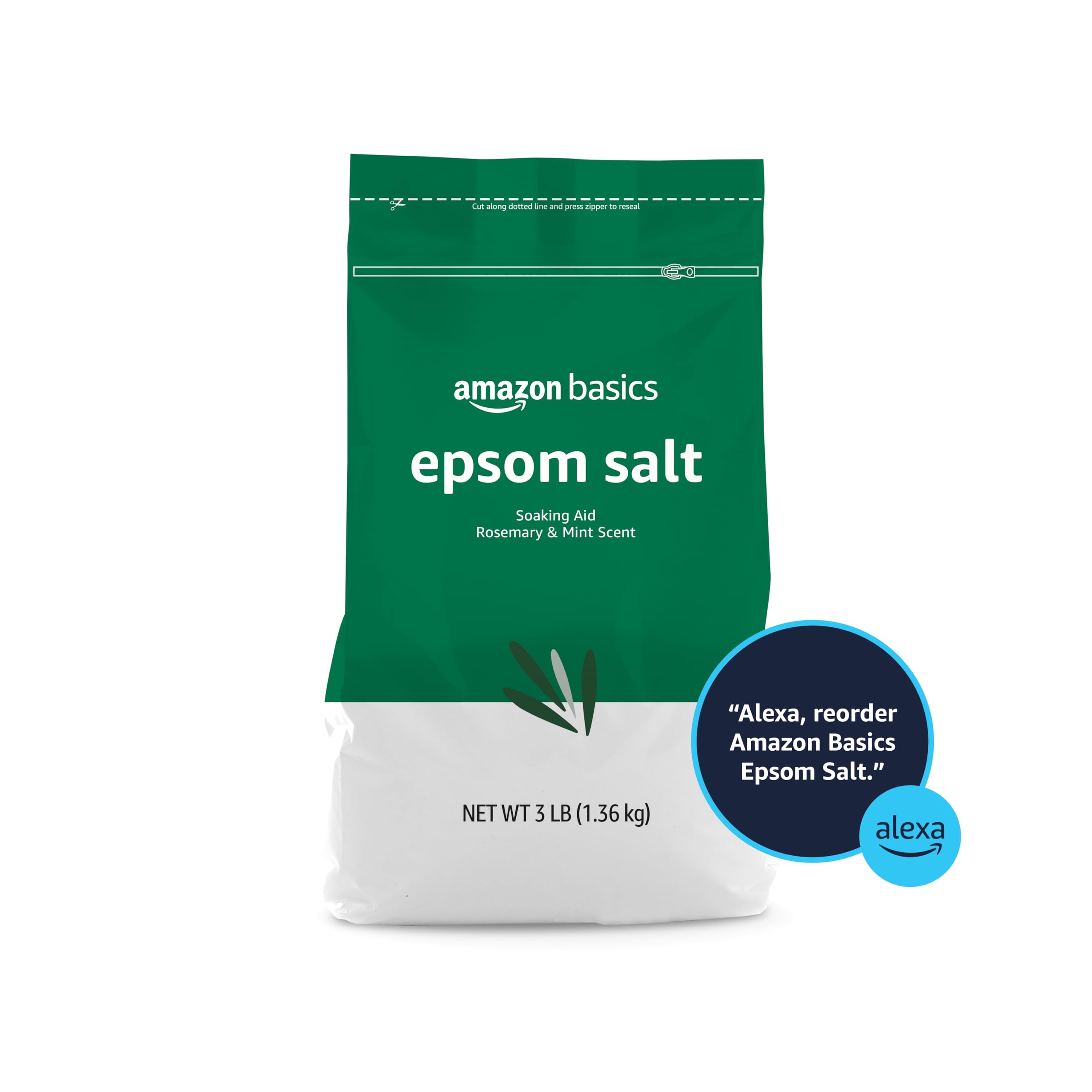 Amazon Basics Epsom Salt Soaking Aid 3-pound bag highlights scent and reseal