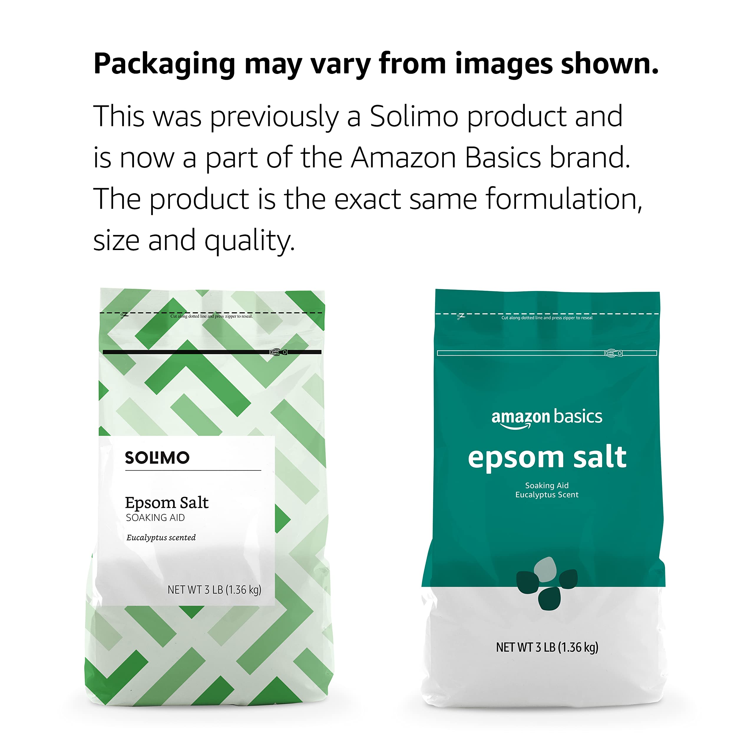 Amazon Basics Epsom Salt Soaking Aid bag shows 3-lb resealable packaging.