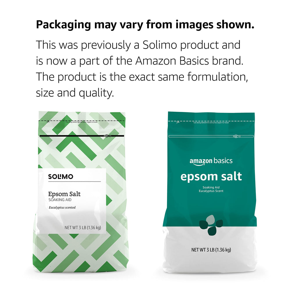 Amazon Basics Epsom Salt Soaking Aid bag shows 3-lb resealable packaging.