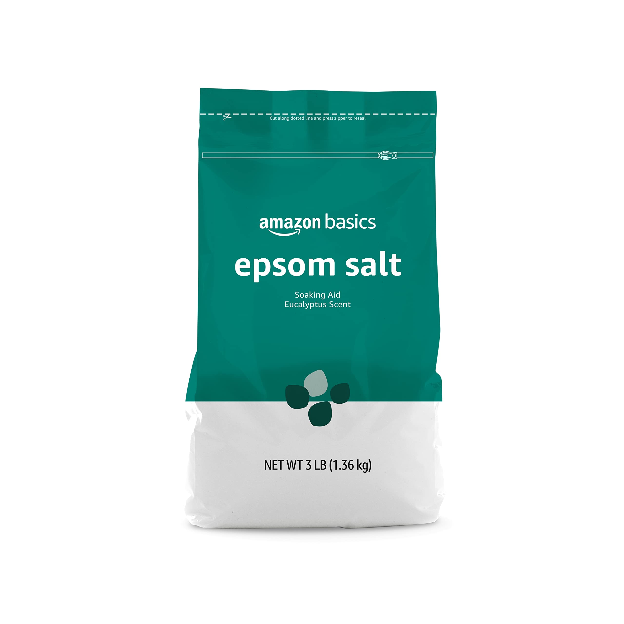 Amazon Basics Epsom Salt Soaking Aid bottle with eucalyptus and spearmint aroma for relaxation.
