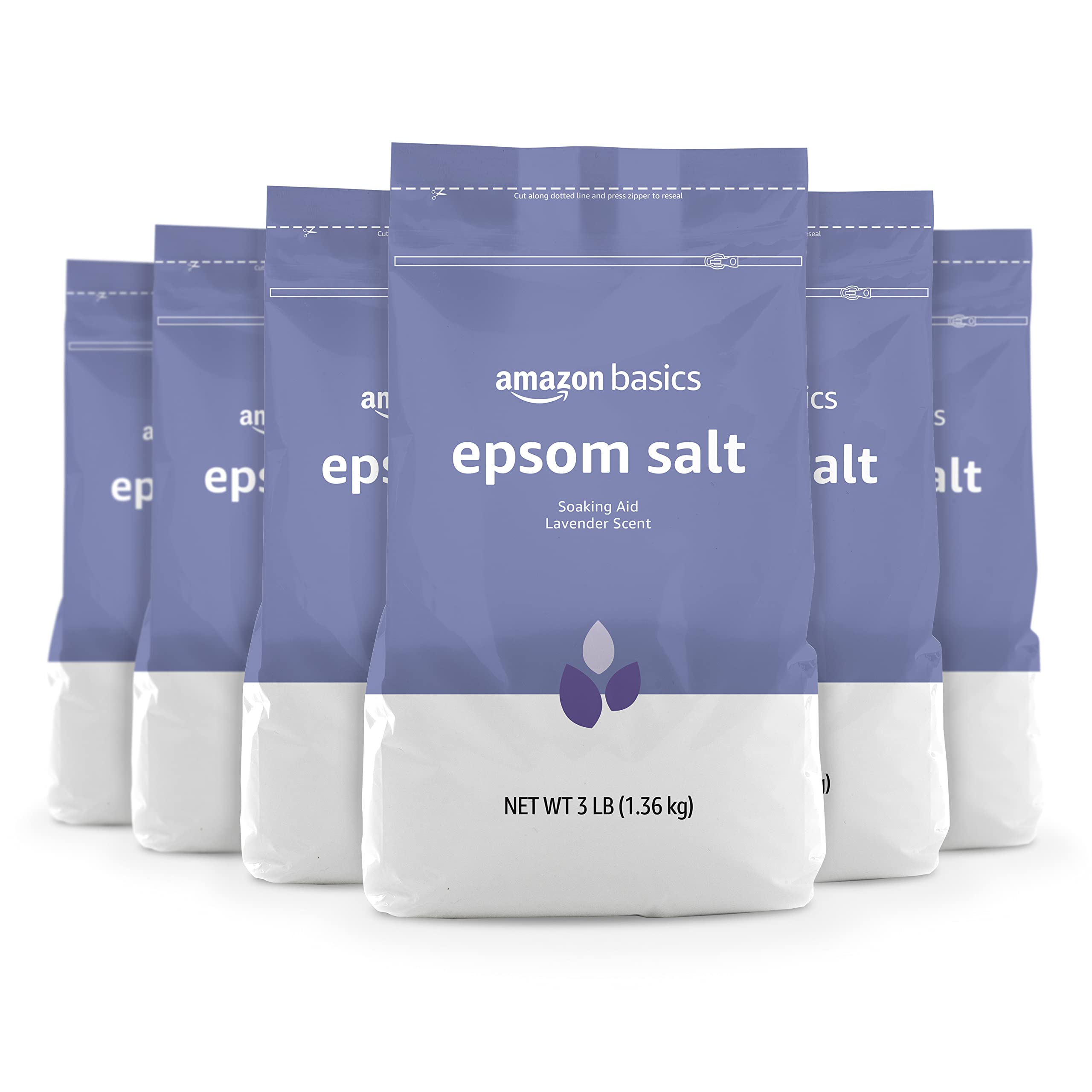 Amazon Basics Epsom Salt Soaking Aid lavender bottle for relaxing bath.