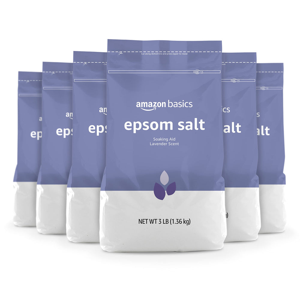 Amazon Basics Epsom Salt Soaking Aid lavender bottle for relaxing bath.
