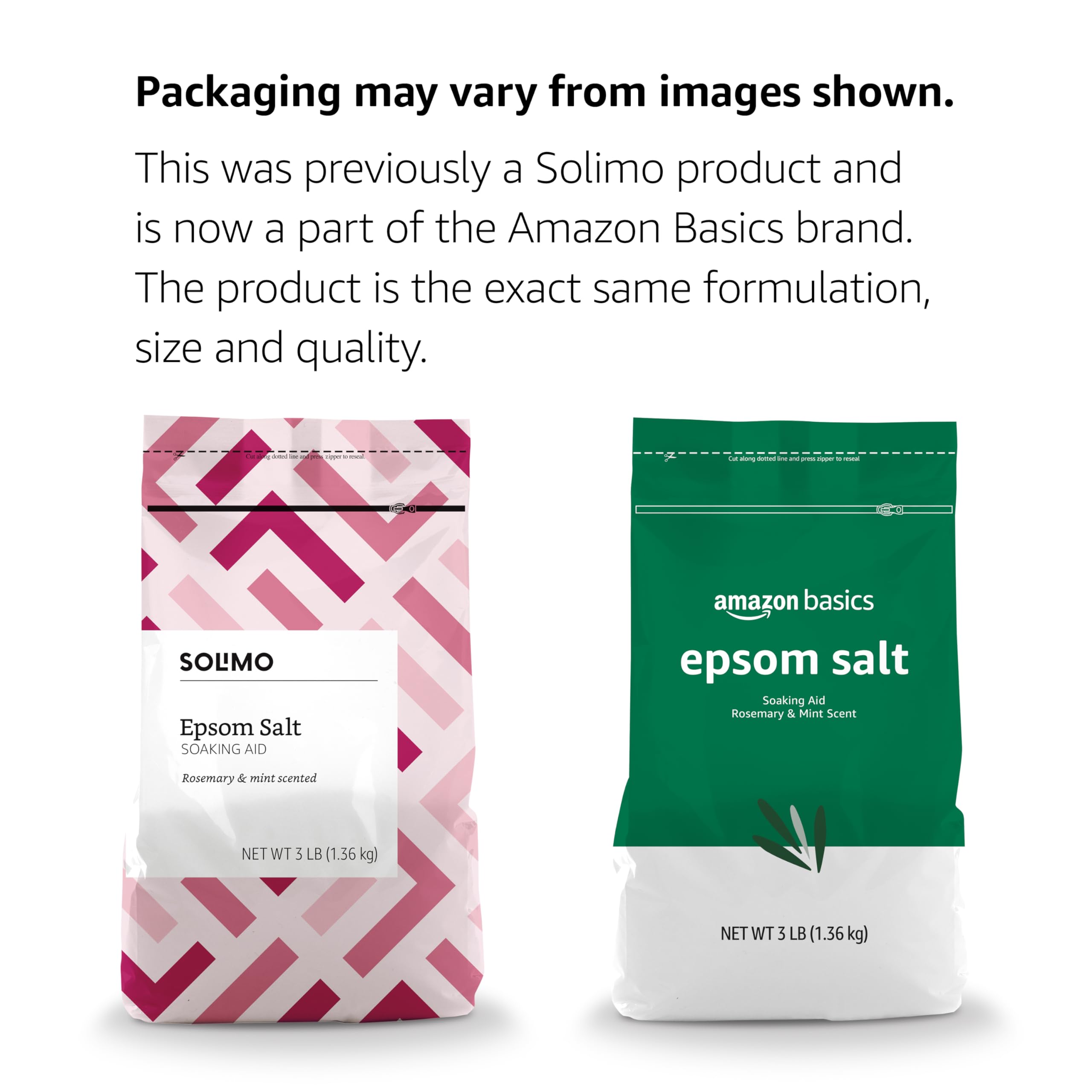 Amazon Basics Epsom Salt Soaking Aid packaging for easy reseal and freshness