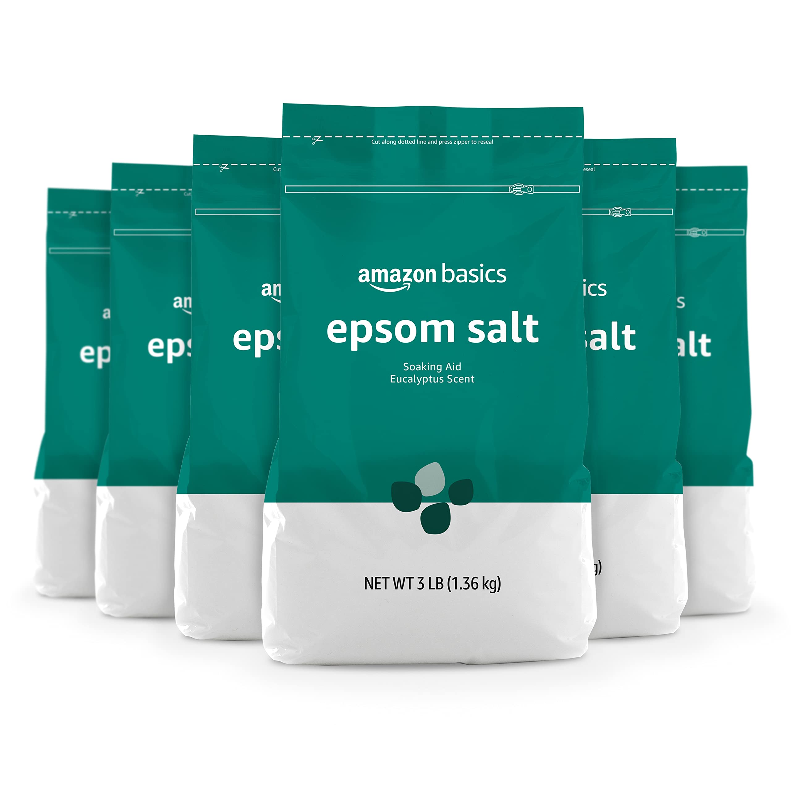 Amazon Basics Epsom Salt Soaking Aid six-pack with eucalyptus and spearmint for relaxing baths.