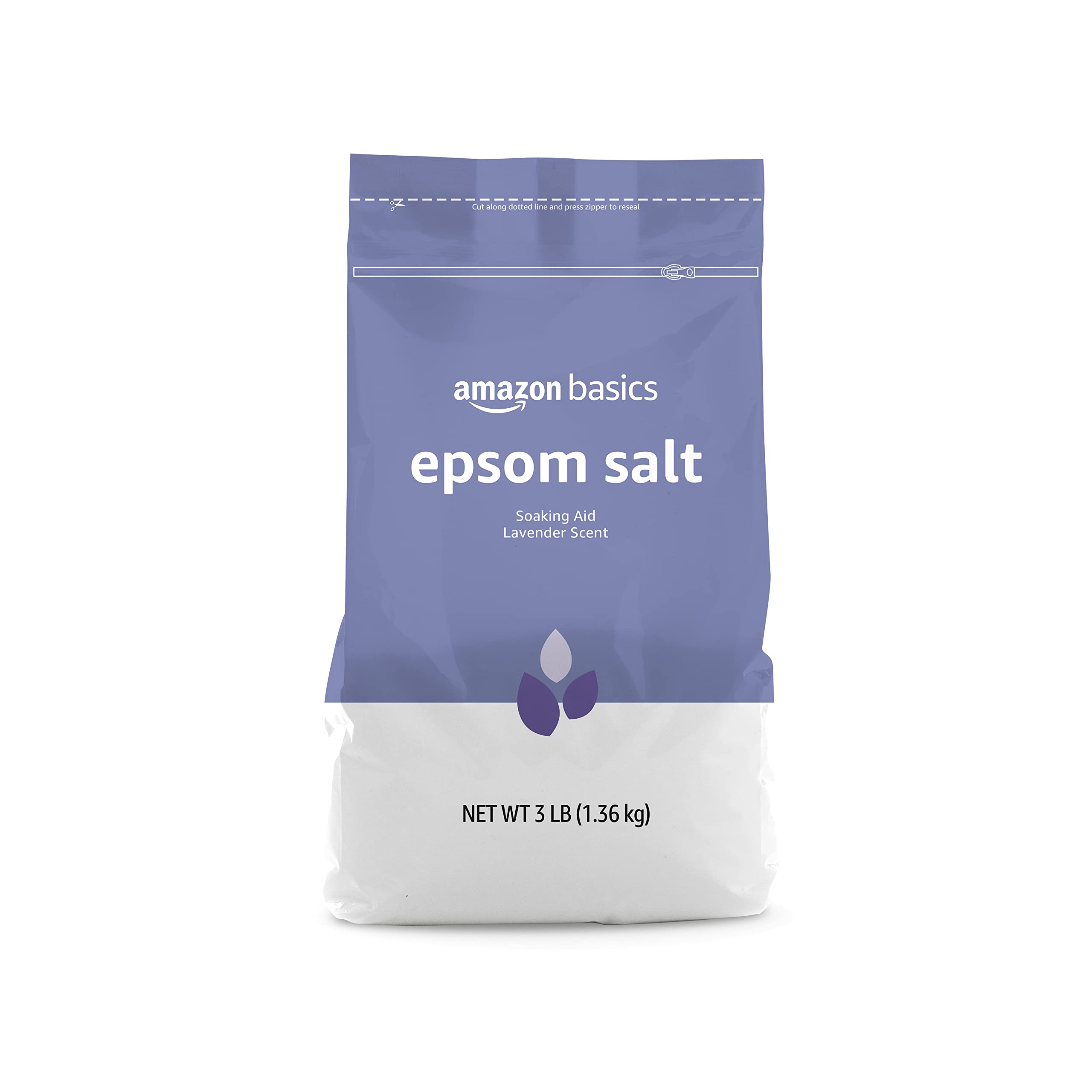 Amazon Basics Epsom Salt Lavender bag with resealable lid for easy storage.