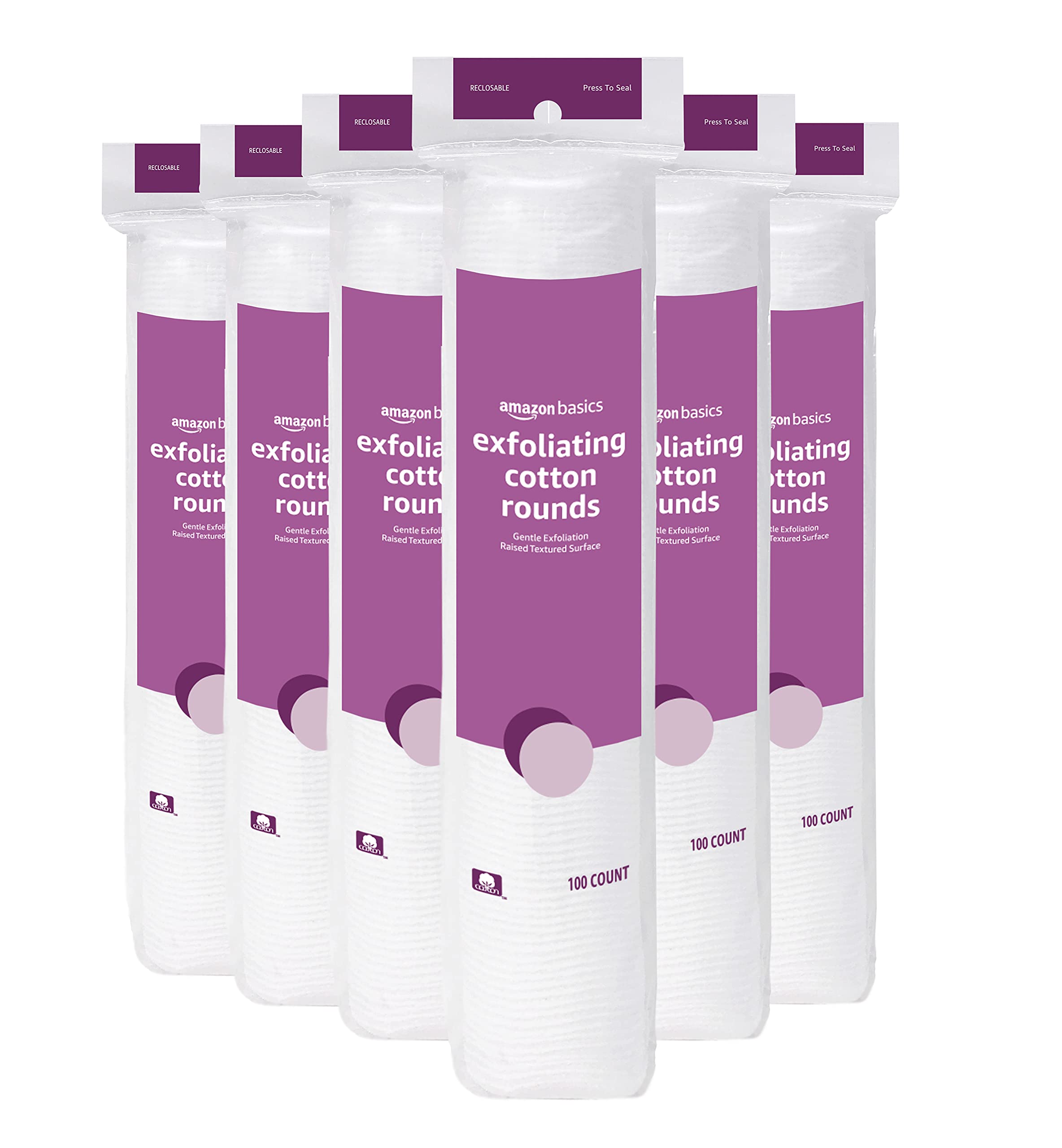 Amazon Basics exfoliating cotton rounds 6-pack packaging for bulk value