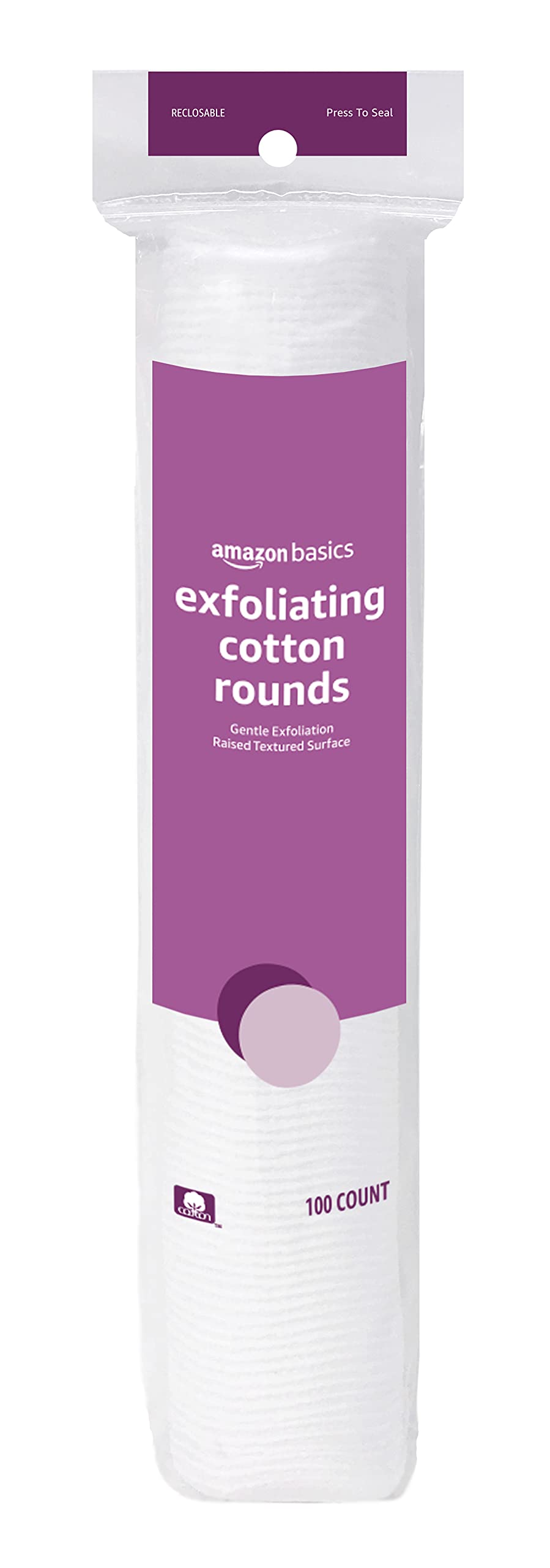 Amazon Basics dual-sided cotton rounds with textured and embossed surfaces