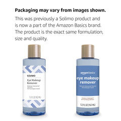 Amazon Basics Eye Makeup Remover bottle back label lists dermatologist-tested steps