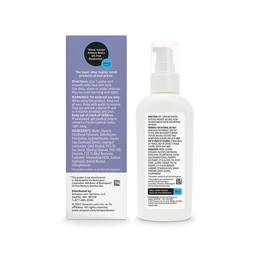Amazon Basics fragrance-free label on moisturizer packaging.