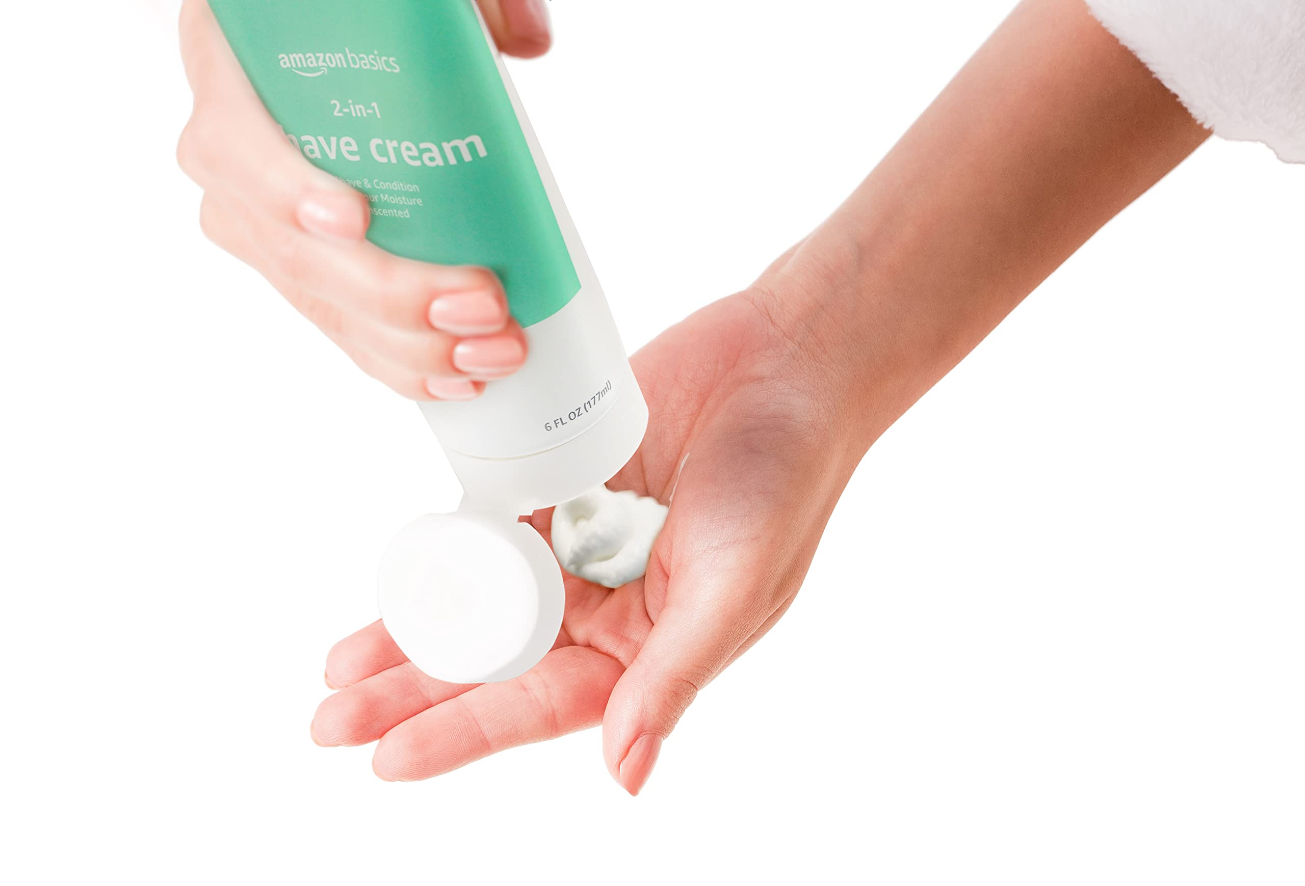 Fragrance-free Amazon Basics shave cream packaging for easy daily use.