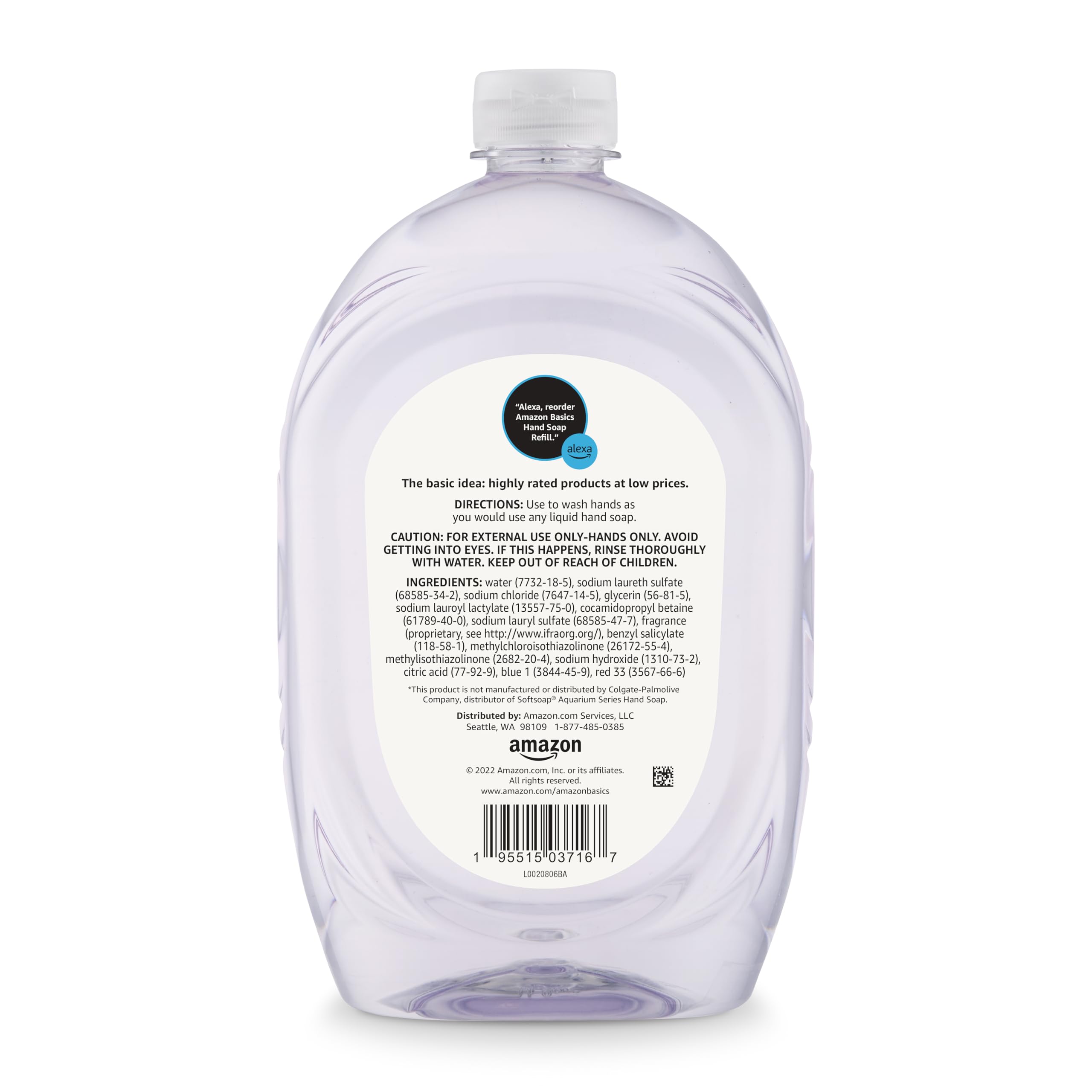 Close-up of the Amazon Basics label showing triclosan-free, dermatologist-tested formula.