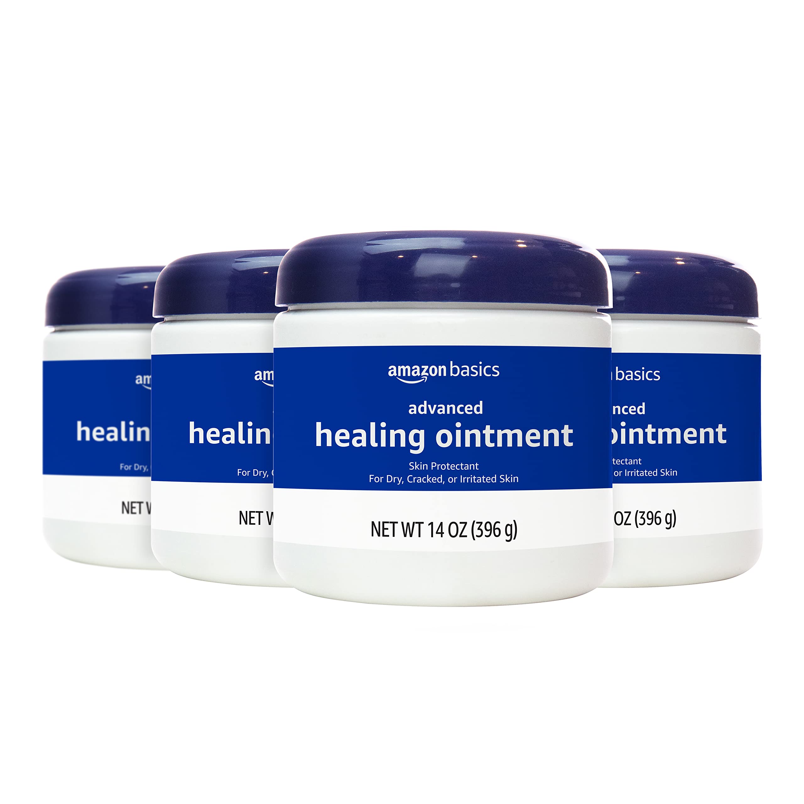 Amazon Basics Healing Ointment packaging shows 14 oz jar for daily dry skin care