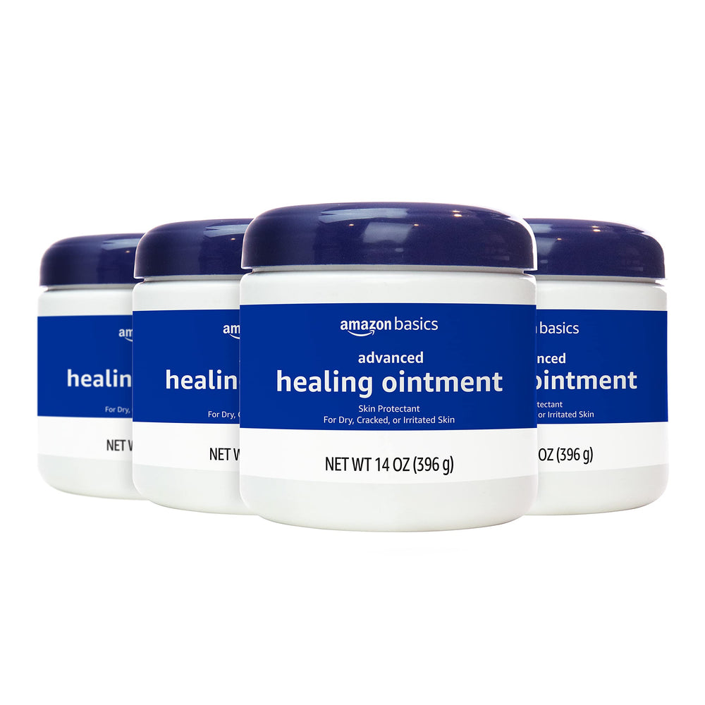 Amazon Basics Healing Ointment packaging shows 14 oz jar for daily dry skin care