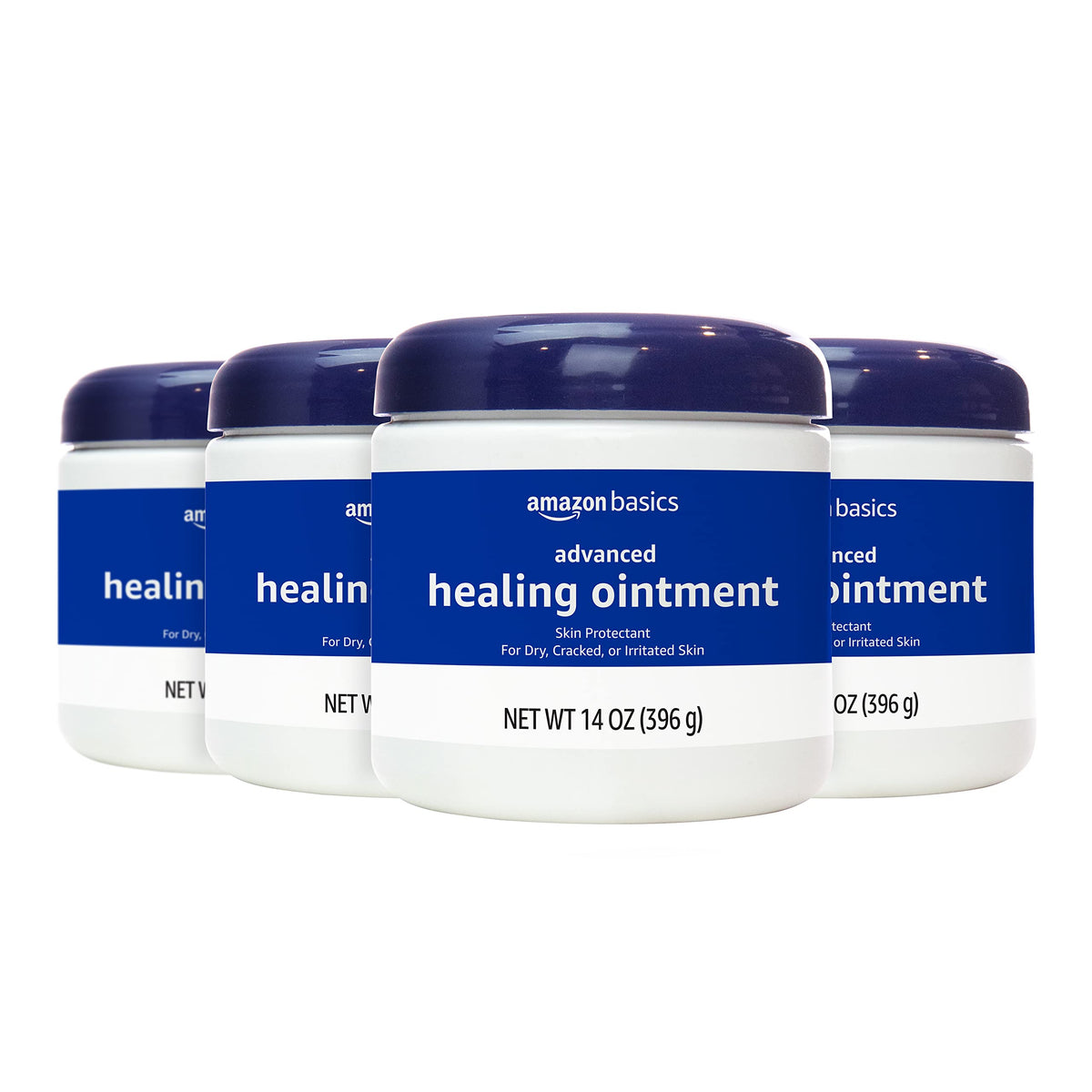 Amazon Basics Healing Ointment packaging shows 14 oz jar for daily dry skin care