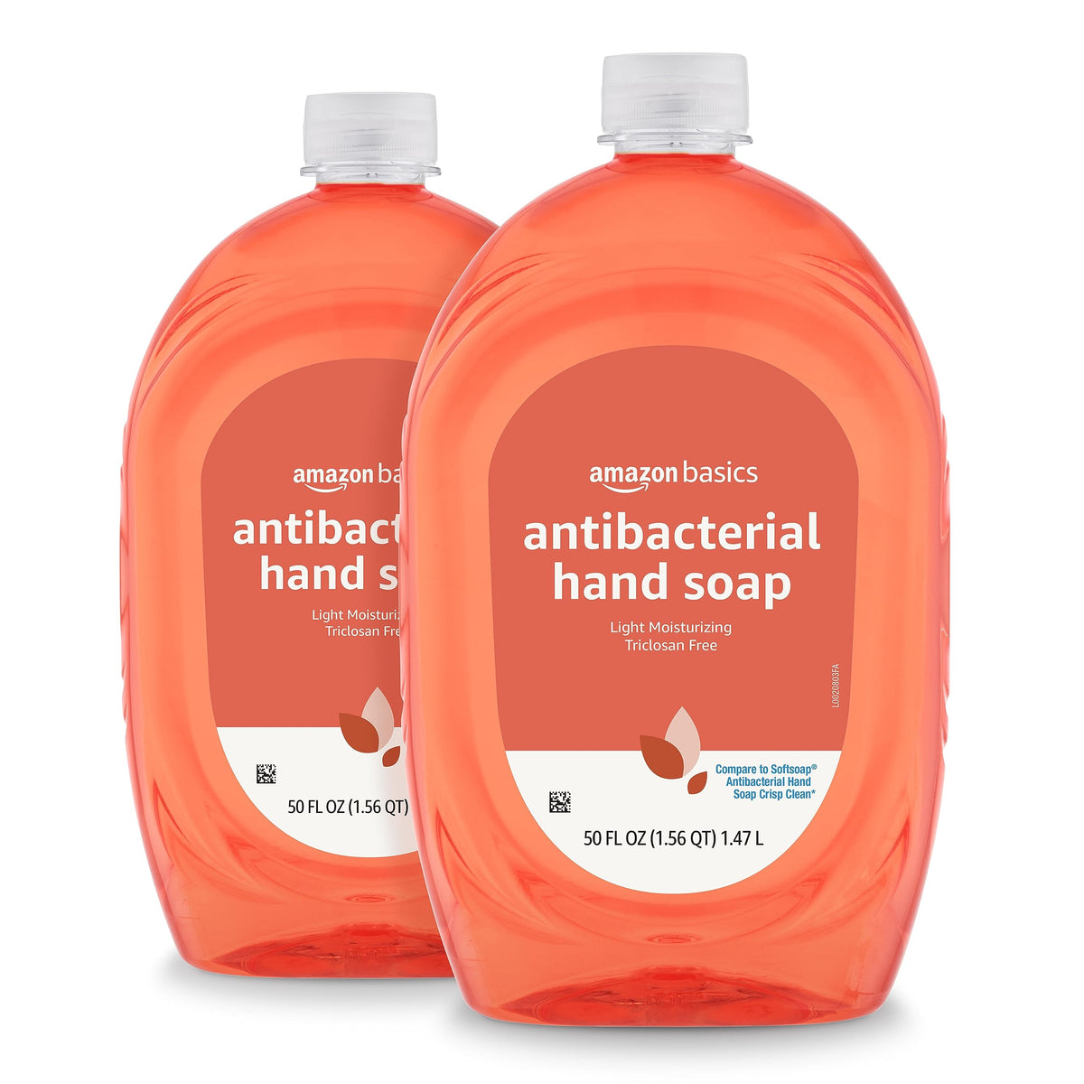 Jabón líquido para manos de Amazon Basics, recambio de 50 oz en dos botellas para uso diario.