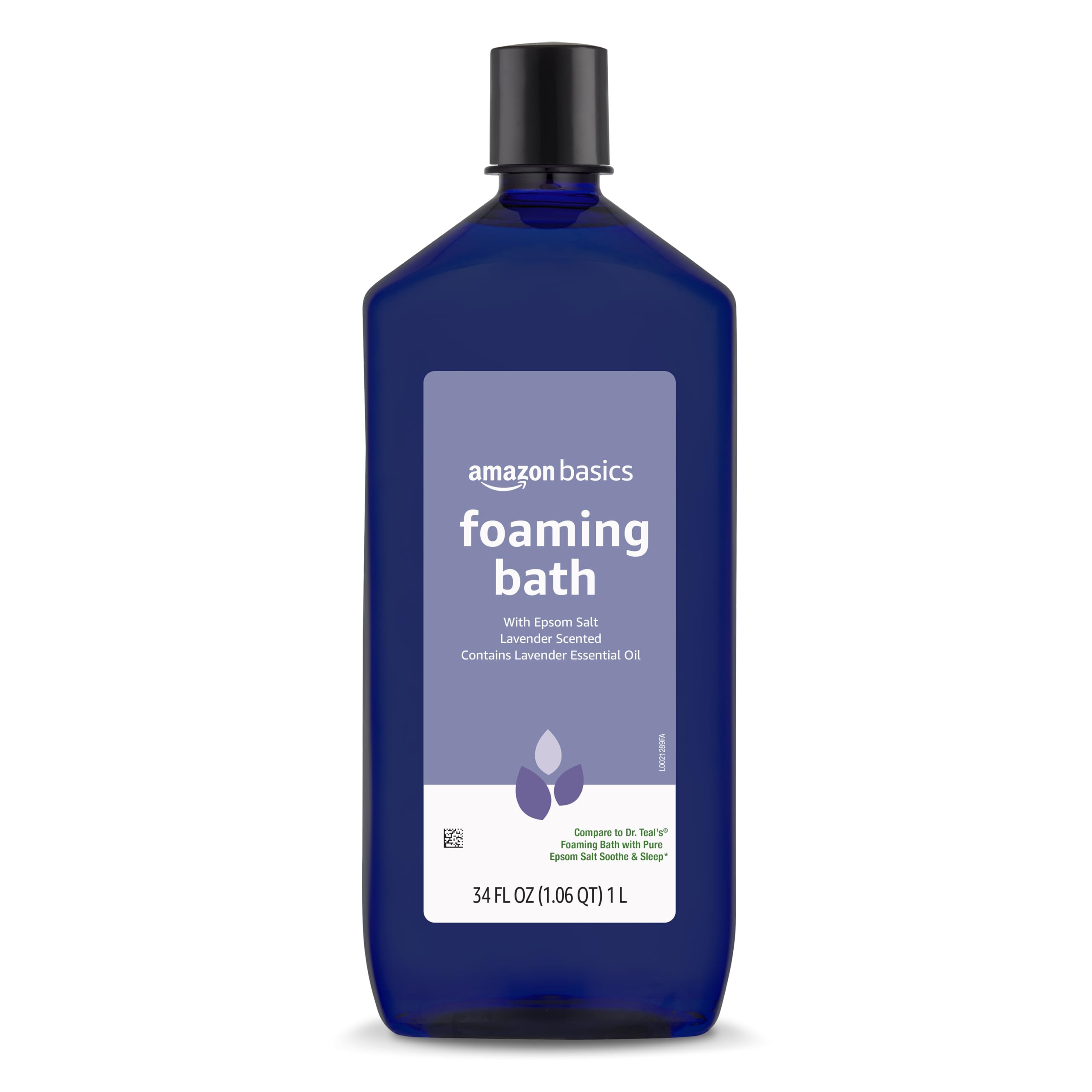 Amazon Basics lavender scented foaming bath bottle emitting soothing aroma for a relaxing soak.