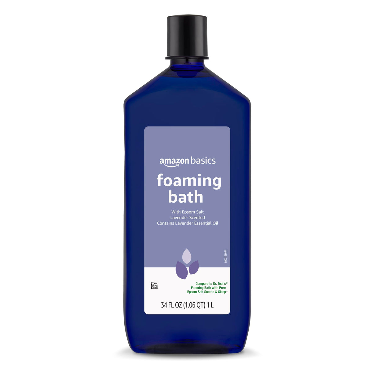 Amazon Basics lavender scented foaming bath bottle emitting soothing aroma for a relaxing soak.