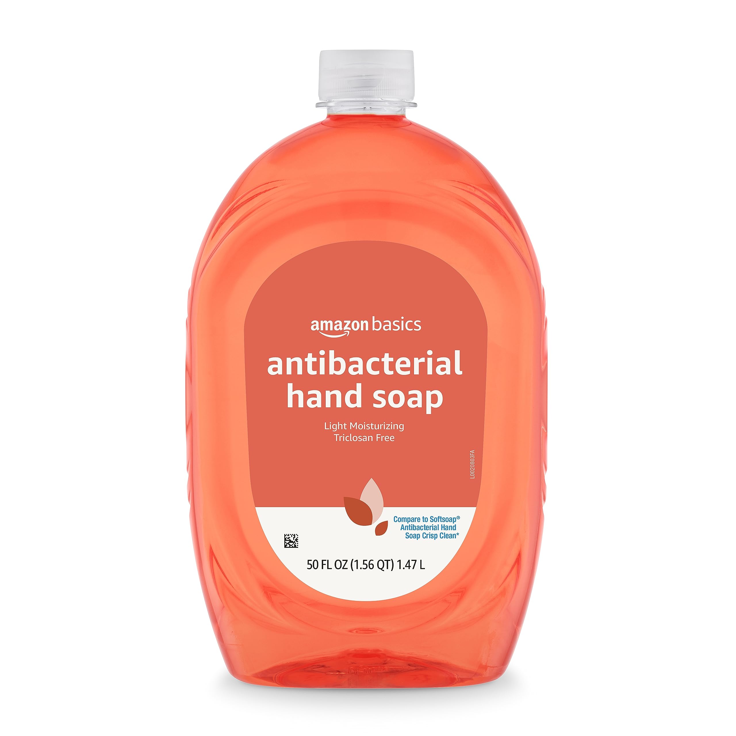 Amazon Basics liquid hand soap refill bottle showing 50 oz capacity for long-lasting use