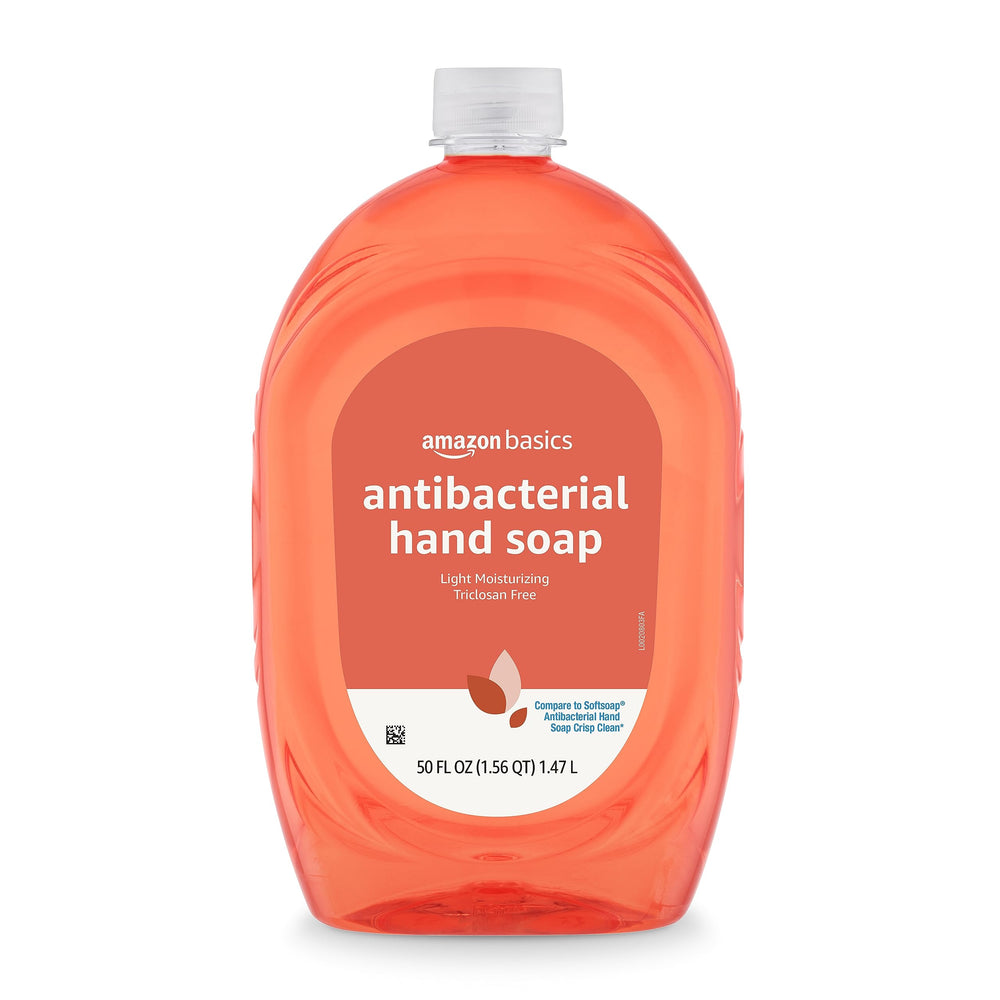 Amazon Basics liquid hand soap refill bottle showing 50 oz capacity for long-lasting use