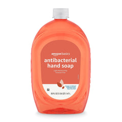 Amazon Basics liquid hand soap refill bottle showing 50 oz capacity for long-lasting use