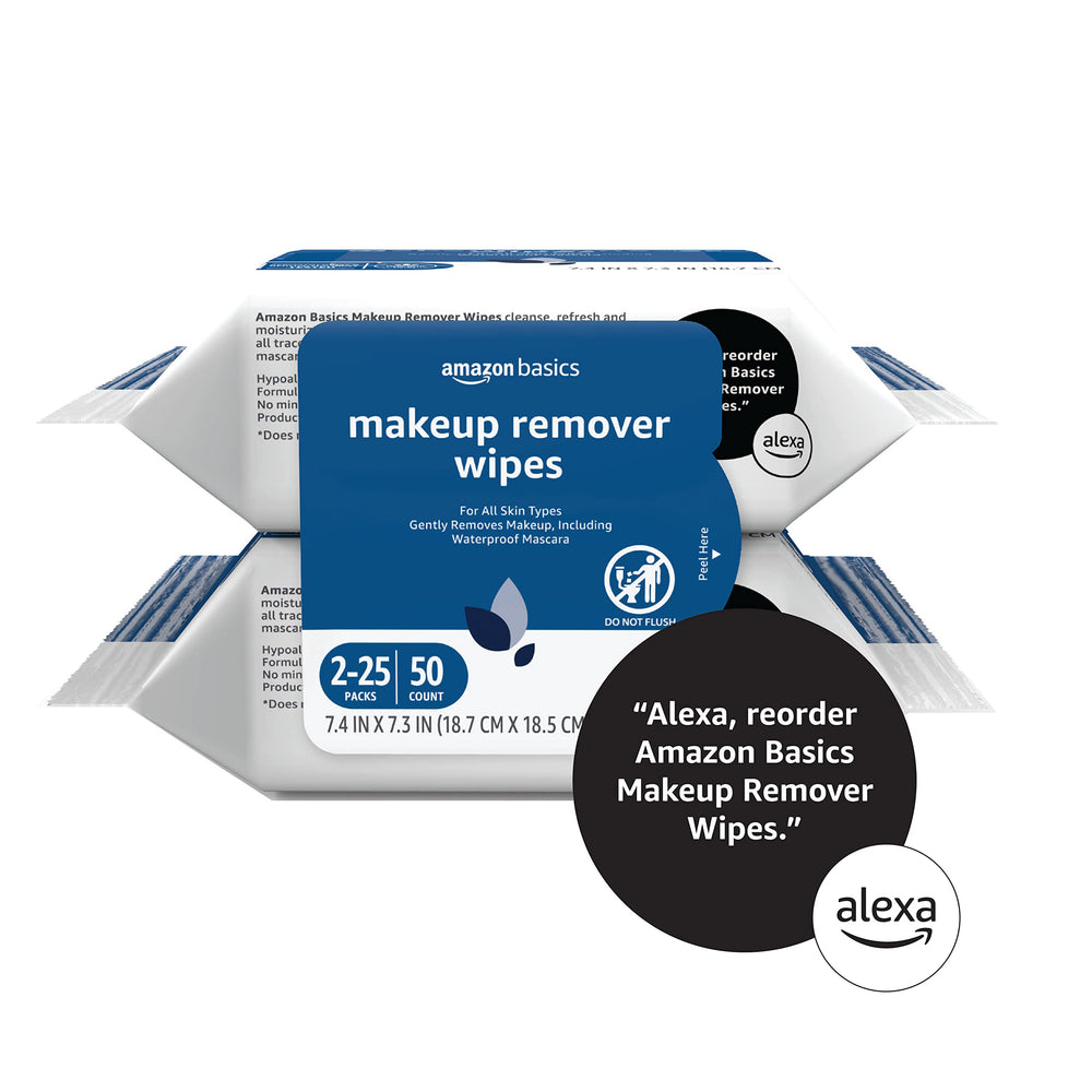 Amazon Basics makeup remover wipes alcohol-free label signals gentle cleansing for sensitive skin