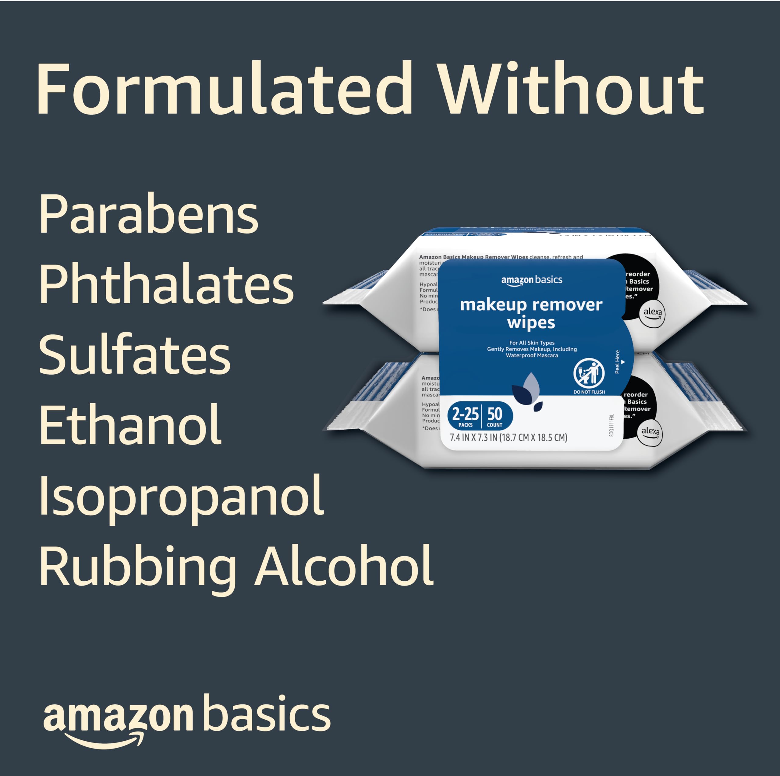 Amazon Basics makeup remover wipes packaging emphasizes recycled materials and FSC certification