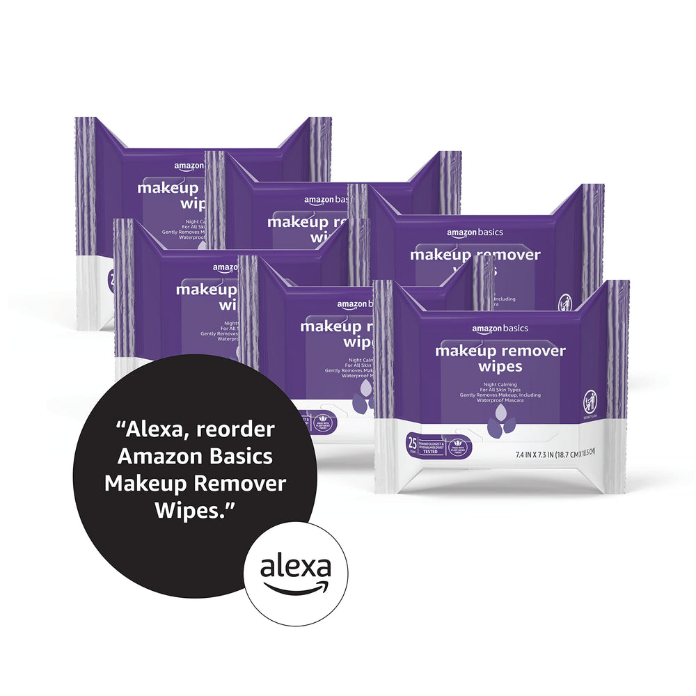 Amazon Basics Makeup Remover Wipes label indicating dermatologist testing and alcohol-free formula.