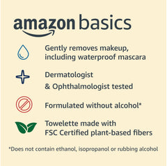 Amazon Basics makeup remover wipes front packaging highlighting dermatologist-tested, hypoallergenic design